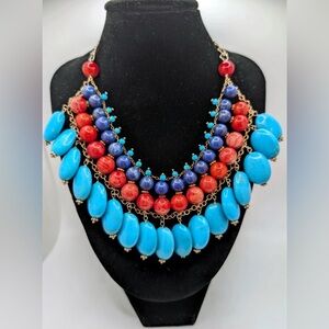 Vintage sterling  Lapis Lazuli pink Coral and Turquoise large bib necklace